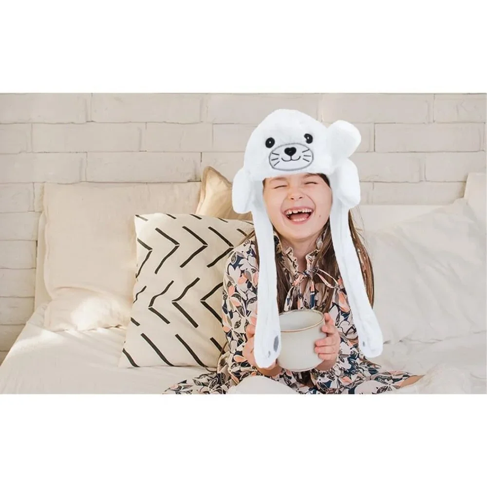 Kids Seal Animal Hat with Ears Moving Jumping Pop Up Beating Plush Holiday